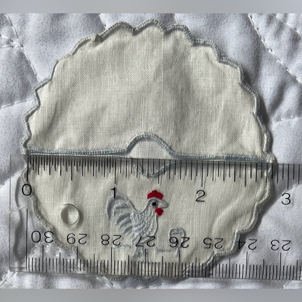 6 Vintage Embroidered Stemware Linen/cotton coasters kitschy chicken wine motif
